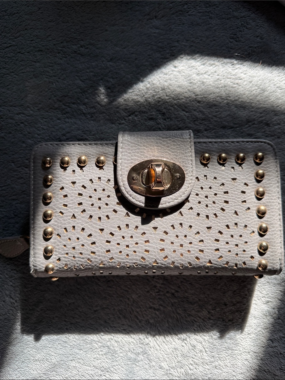 Gray Studded Perforated Women’s Wallet with Turnlock and separate back comp